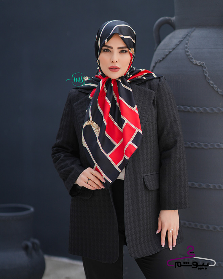 روسری ابریشم ژاکارد طرح کمربندی افقی هرمس مشکی قرمز